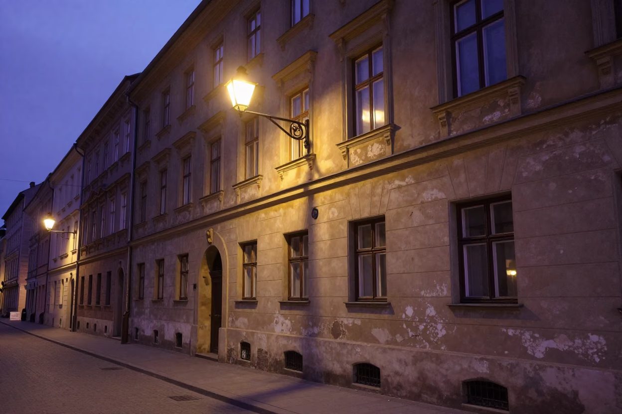Predawn Krakow Street Scene with Brass Fixtures and Urban Decay in in Krakow, Poland