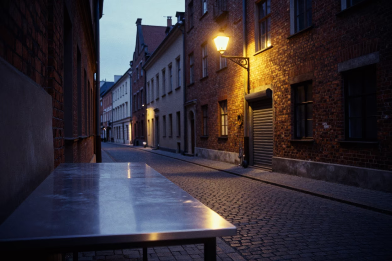 Predawn Krakow Street Scene with Brushed Steel Countertop and Door Latch Details in in Krakow, Poland