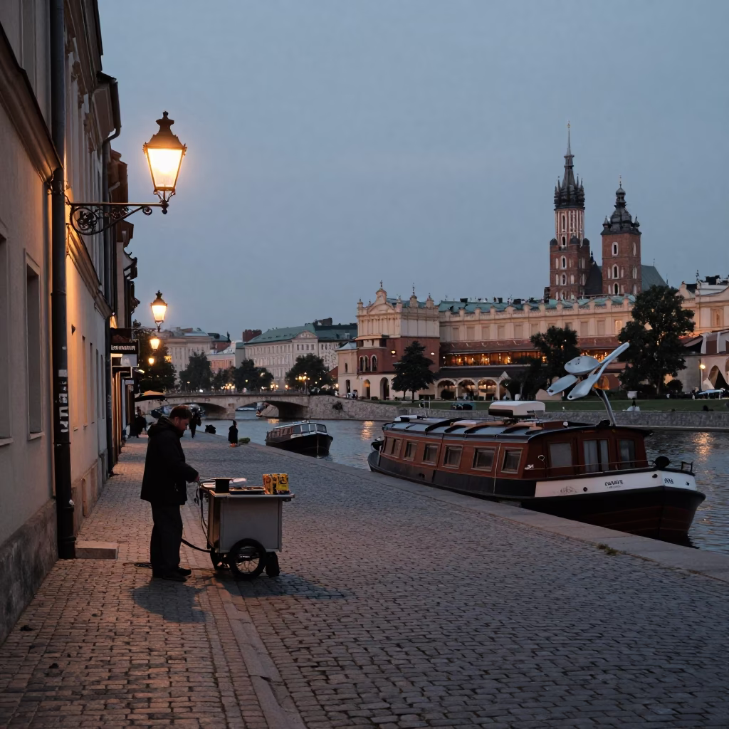 Predawn Krakow Street Scene with Ladle and Canal Barge in Early Morning Darkness in in Krakow, Poland