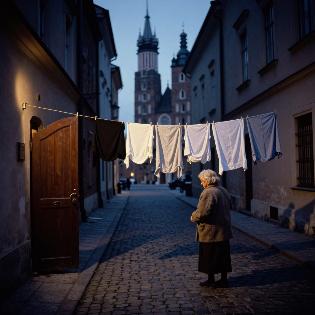 Predawn Krakow Street Scene with Laundry Pins and Door Wreaths in Poland in in Krakow, Poland
