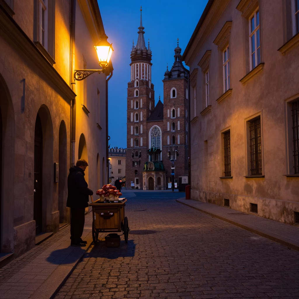 Predawn Krakow Street Scene with Mushroom Vendor and Lockbox Under Streetlamp in in Krakow, Poland