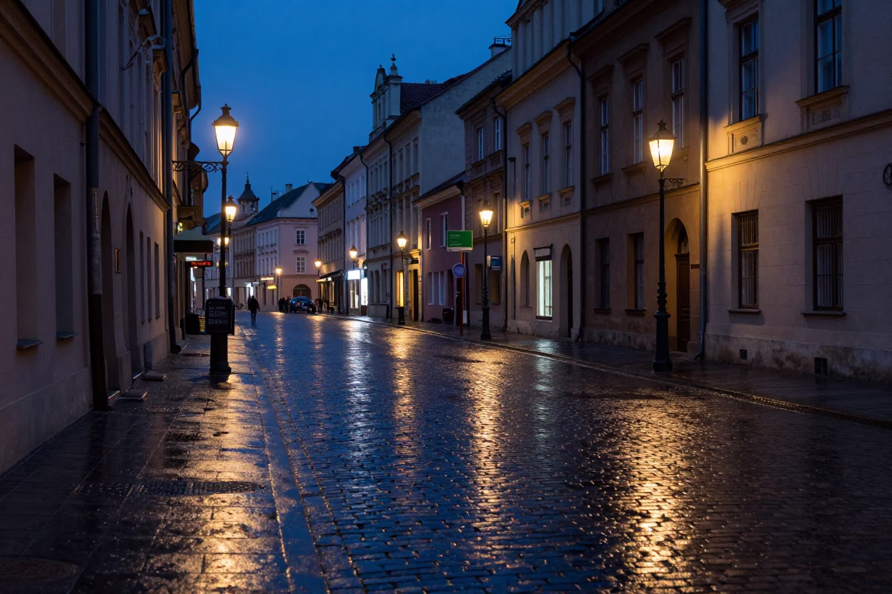 Predawn Krakow Street Scene with Neon Reflections and Early Morning Pedestrians in in Krakow, Poland