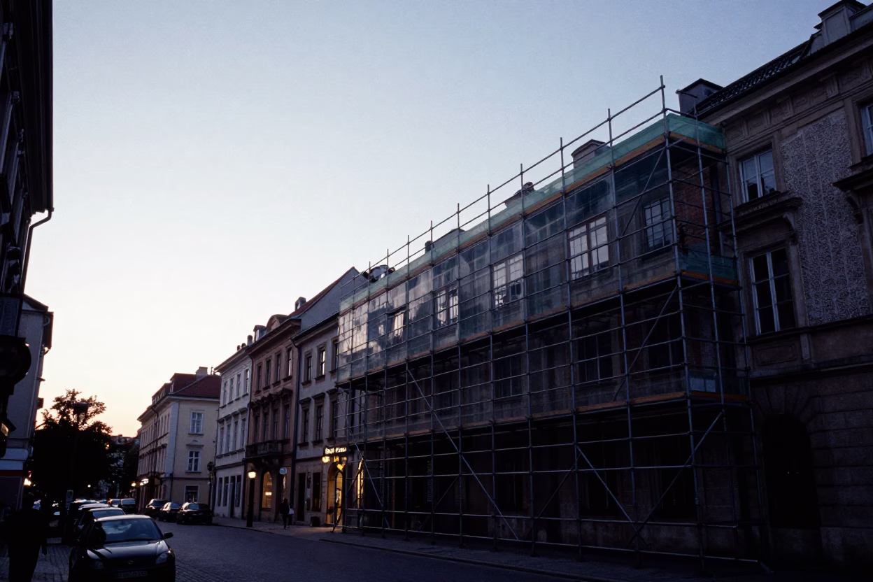 Predawn Krakow Street Scene with Scaffolding and Vintage Glass Tumblers in in Krakow, Poland