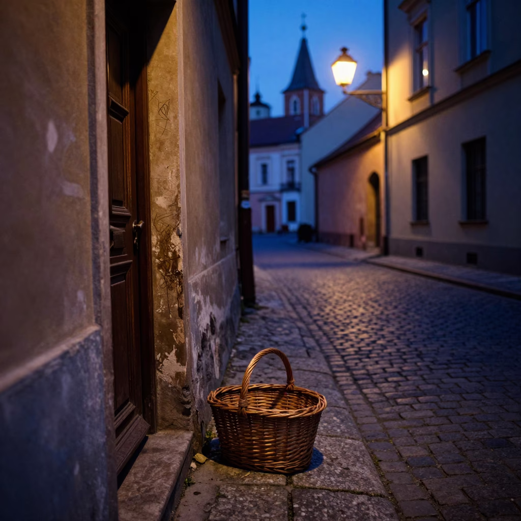 Predawn Krakow Street Scene with Scratches on Doorframe and Wicker Basket in in Krakow, Poland