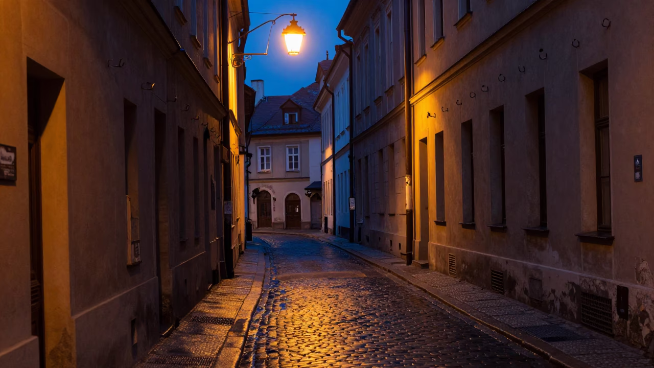 Predawn Krakow Street Scene with Tool Hooks and Urban Decay in in Krakow, Poland