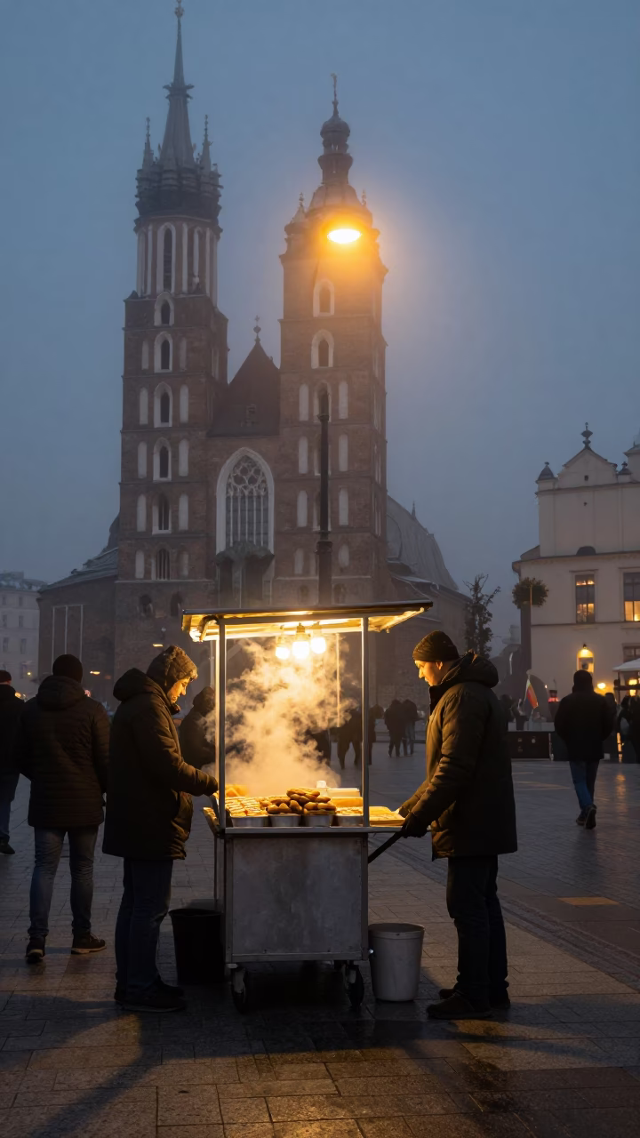 Predawn Krakow Street Scene with Warm Food Stall and Vintage 1980s Atmosphere in in Krakow, Poland