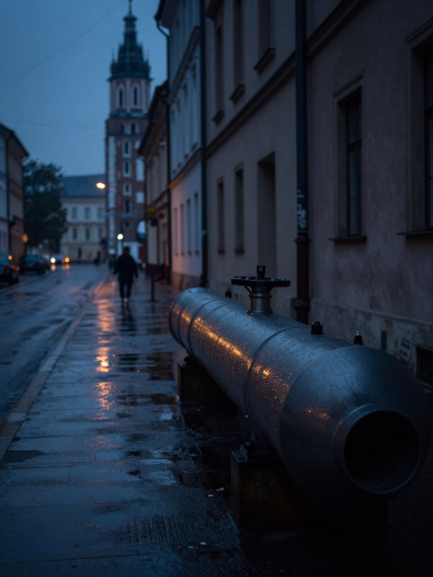 Predawn Krakow Street Scene with Wet Pipeline Infrastructure and Brass Countertop Reflections in in Krakow, Poland