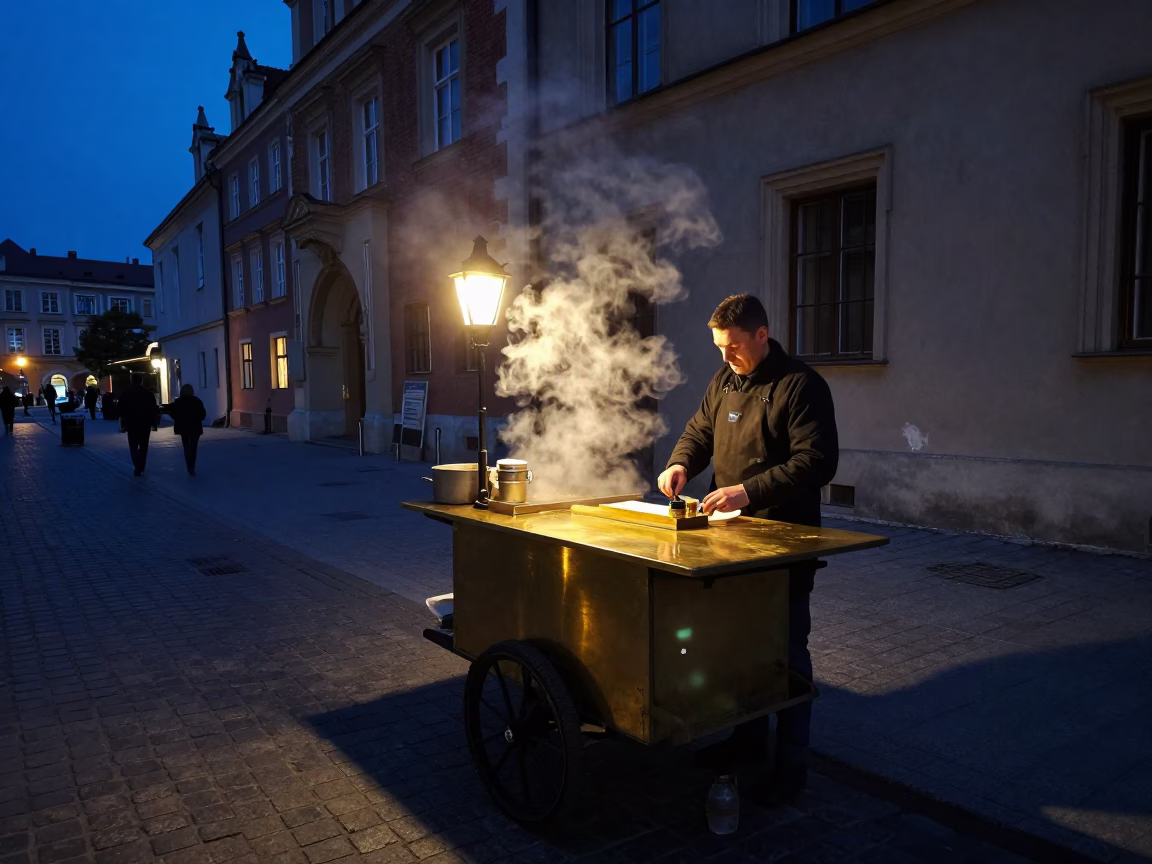 Predawn Krakow Street Vendor Breakfast Scene with Steam and Brass in in Krakow, Poland
