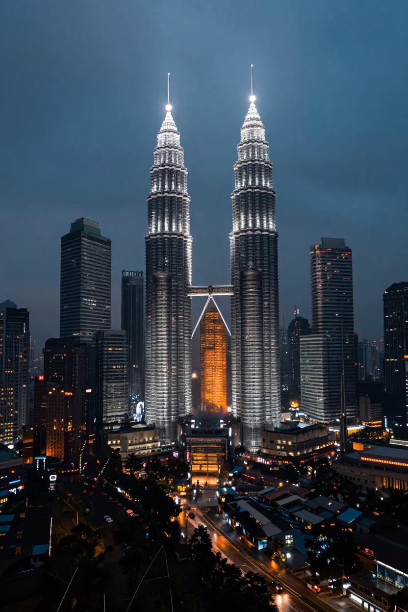 Predawn Kuala Lumpur City Skyline and Urban Street Life in in Kuala Lumpur, Malaysia