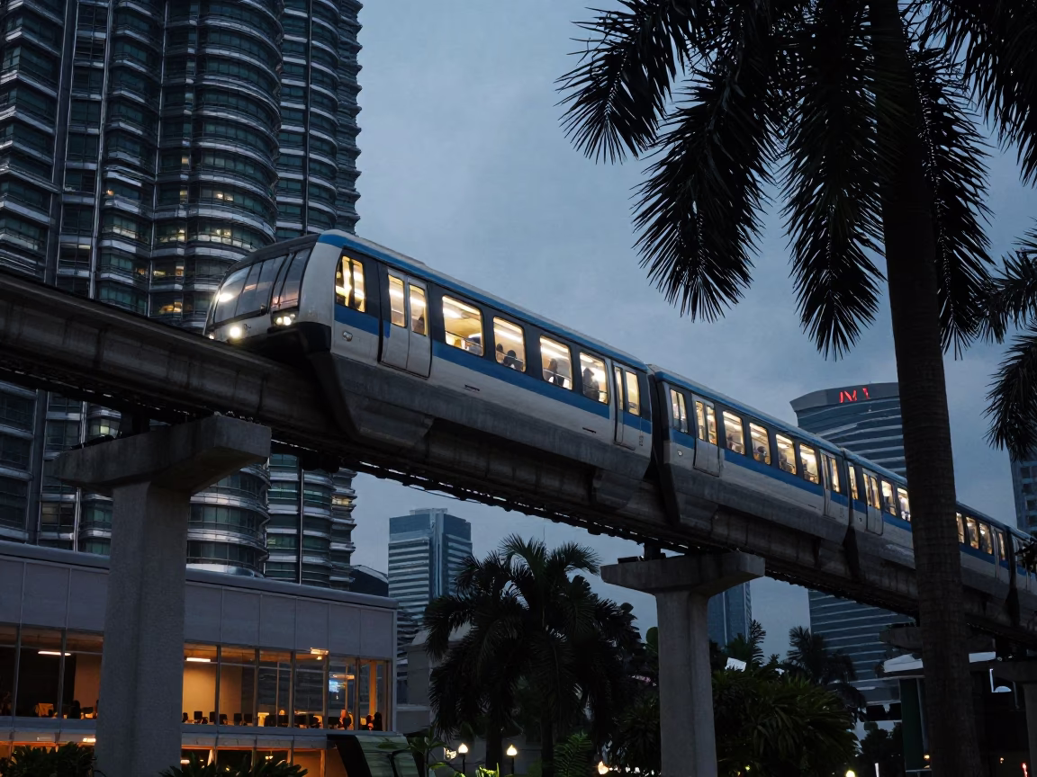 Predawn Kuala Lumpur Monorail Gliding Past Palm Trees and Glass Towers in in Kuala Lumpur, Malaysia