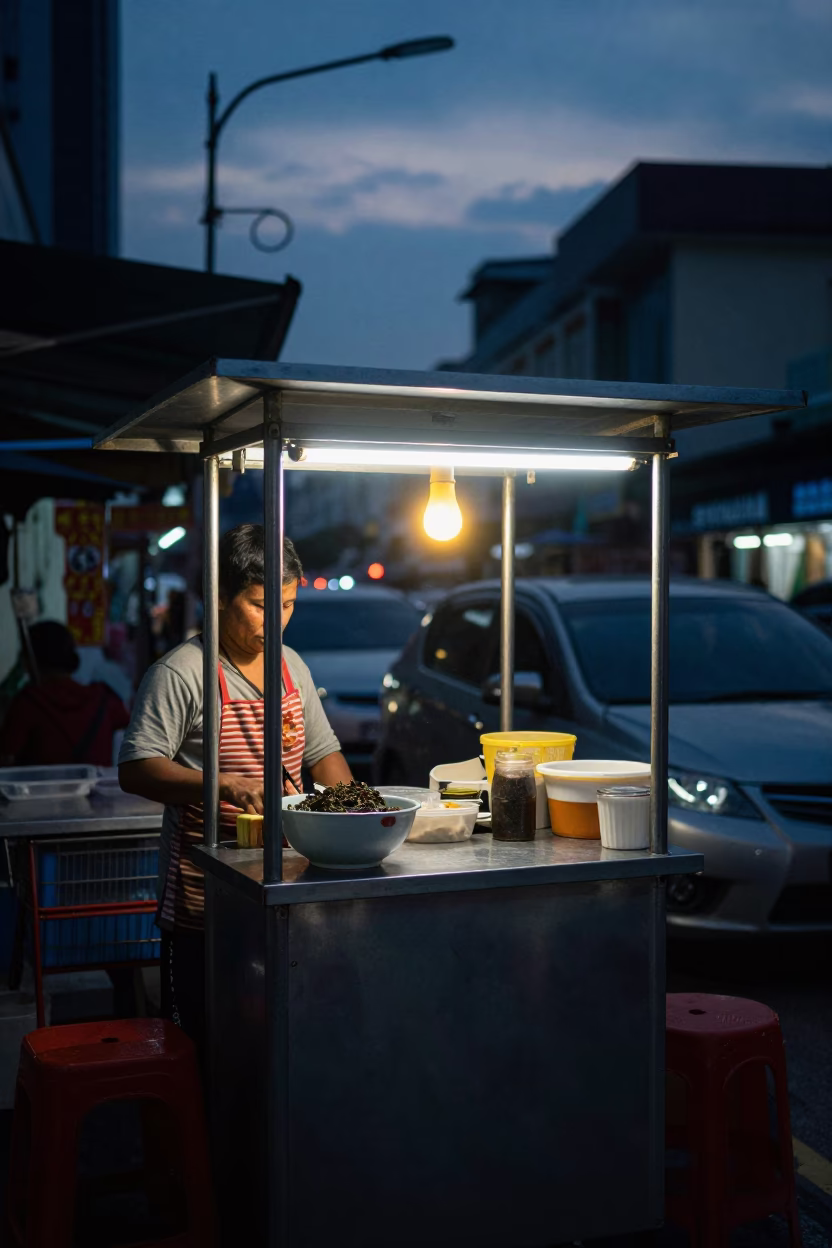 Predawn Kuala Lumpur Street Food Stall with Bowl of Fasolia Bean Stew and Bread in in Kuala Lumpur, Malaysia