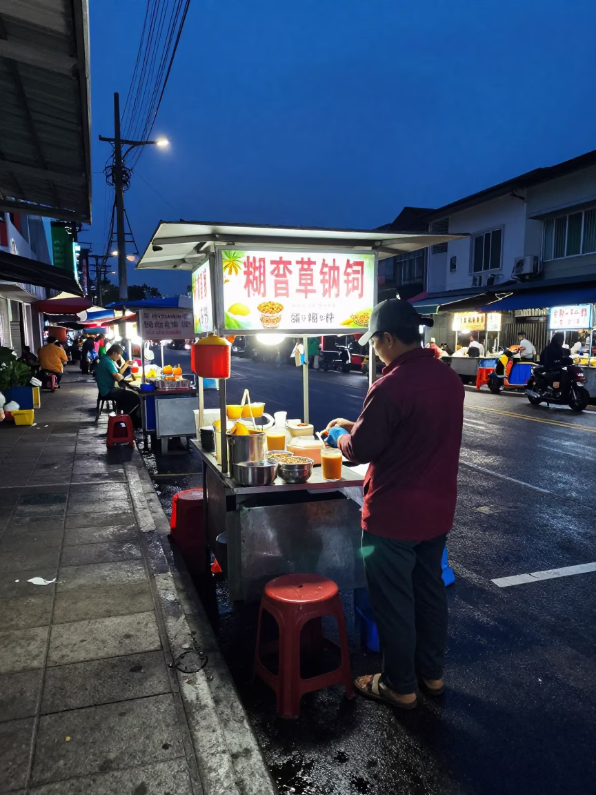 Predawn Kuala Lumpur Street Food Stall with Masala Chai and Gardenia Flowers in in Kuala Lumpur, Malaysia