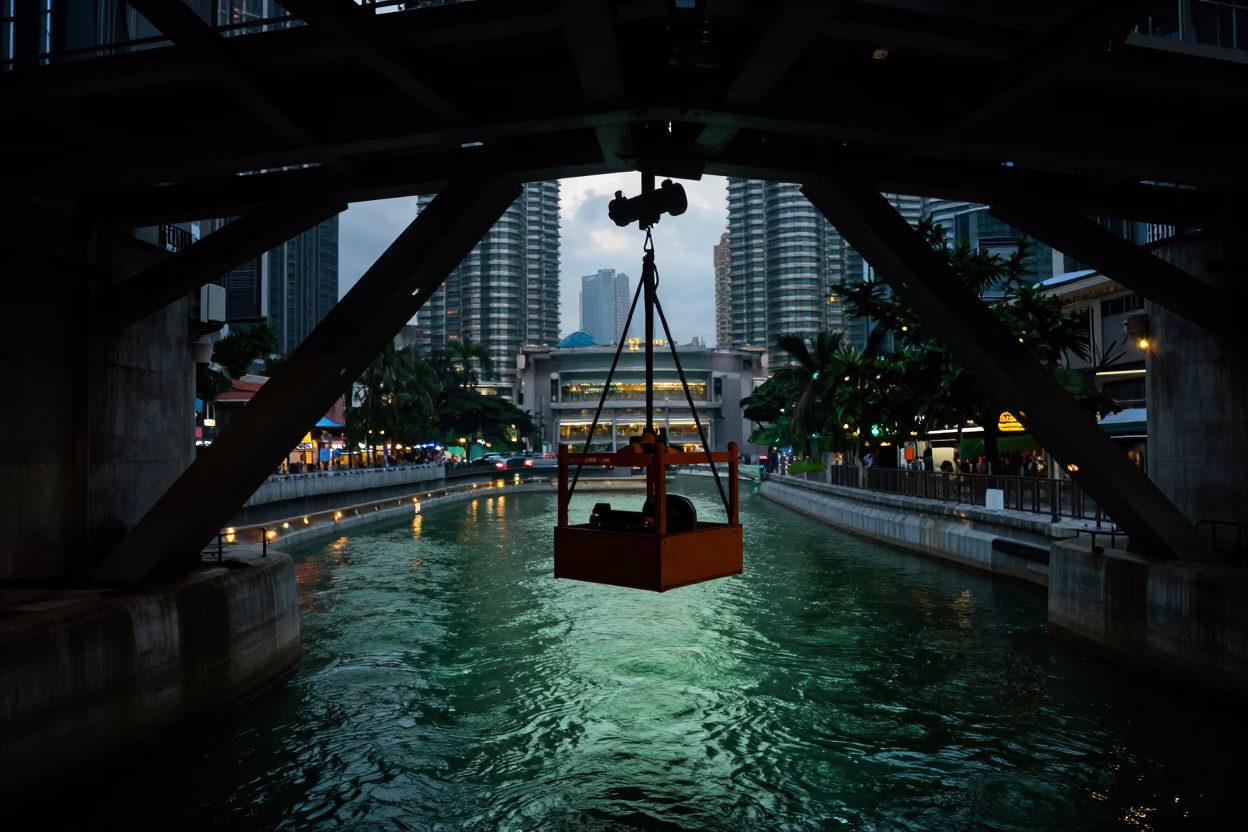 Predawn Kuala Lumpur Street Scene with Bridge Maintenance Cradle and Local Activity in in Kuala Lumpur, Malaysia