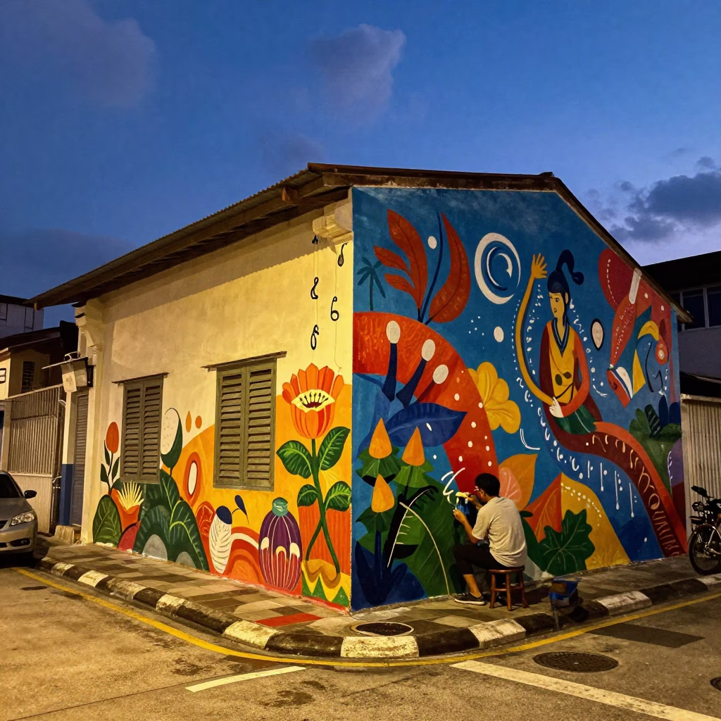 Predawn Kuala Lumpur Street Scene with Colorful Mural and Local Morning Activity in in Kuala Lumpur, Malaysia