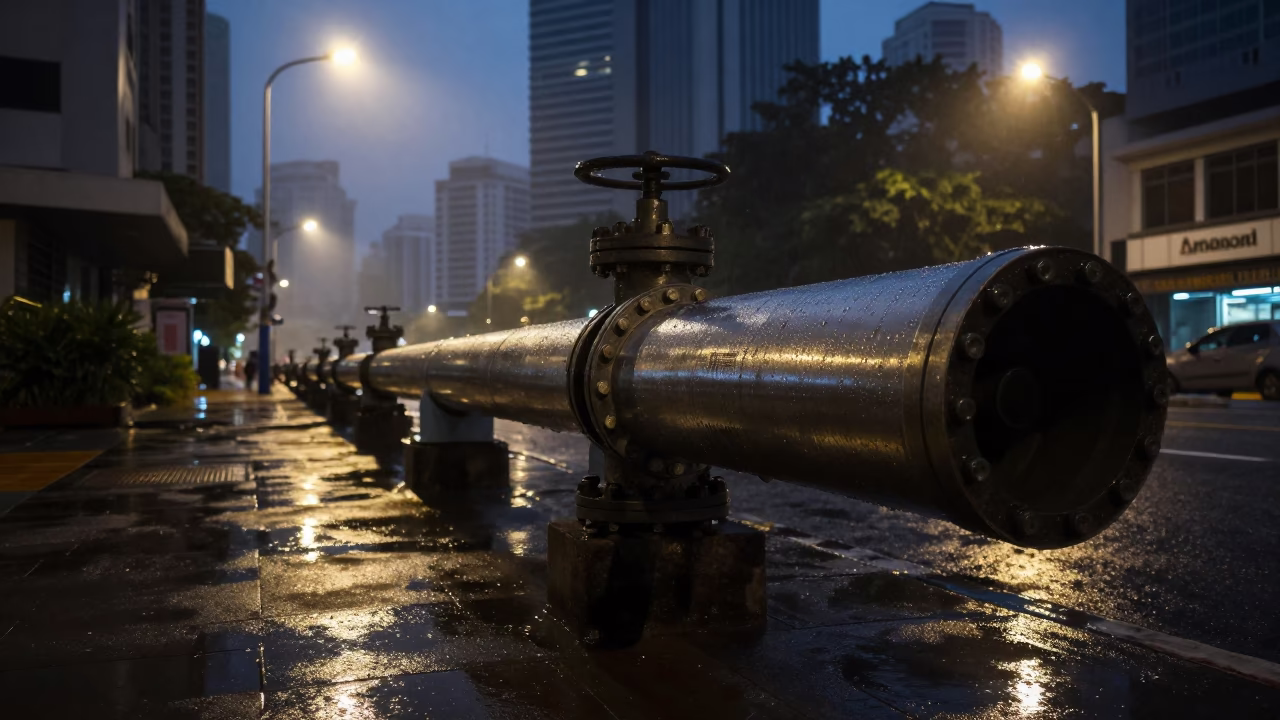 Predawn Kuala Lumpur Street Scene with Condensation and Urban Elements in in Kuala Lumpur, Malaysia