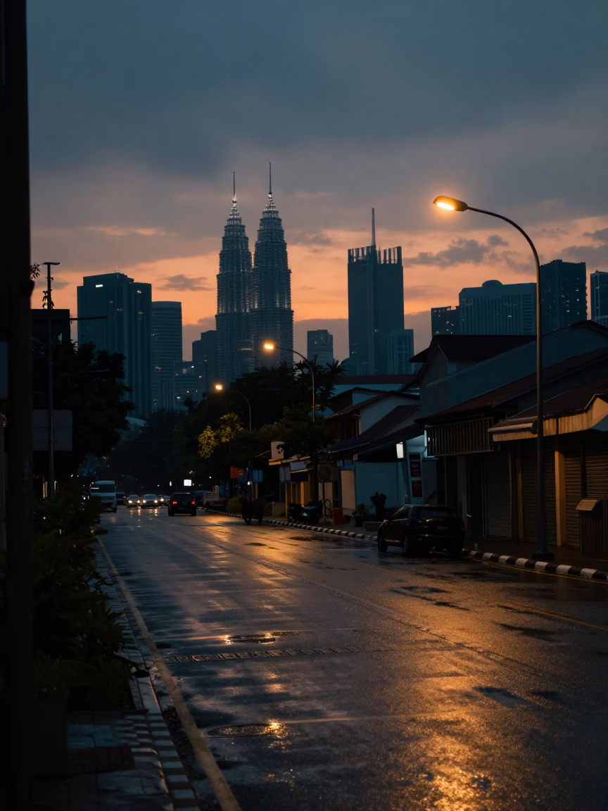 Predawn Kuala Lumpur Street Scene with Damp Asphalt and Faint City Lights in in Kuala Lumpur, Malaysia