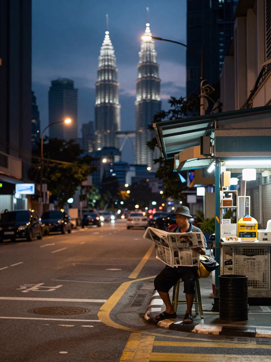 Predawn Kuala Lumpur Street Scene with Newspaper Vendor and Early Morning Activity in in Kuala Lumpur, Malaysia