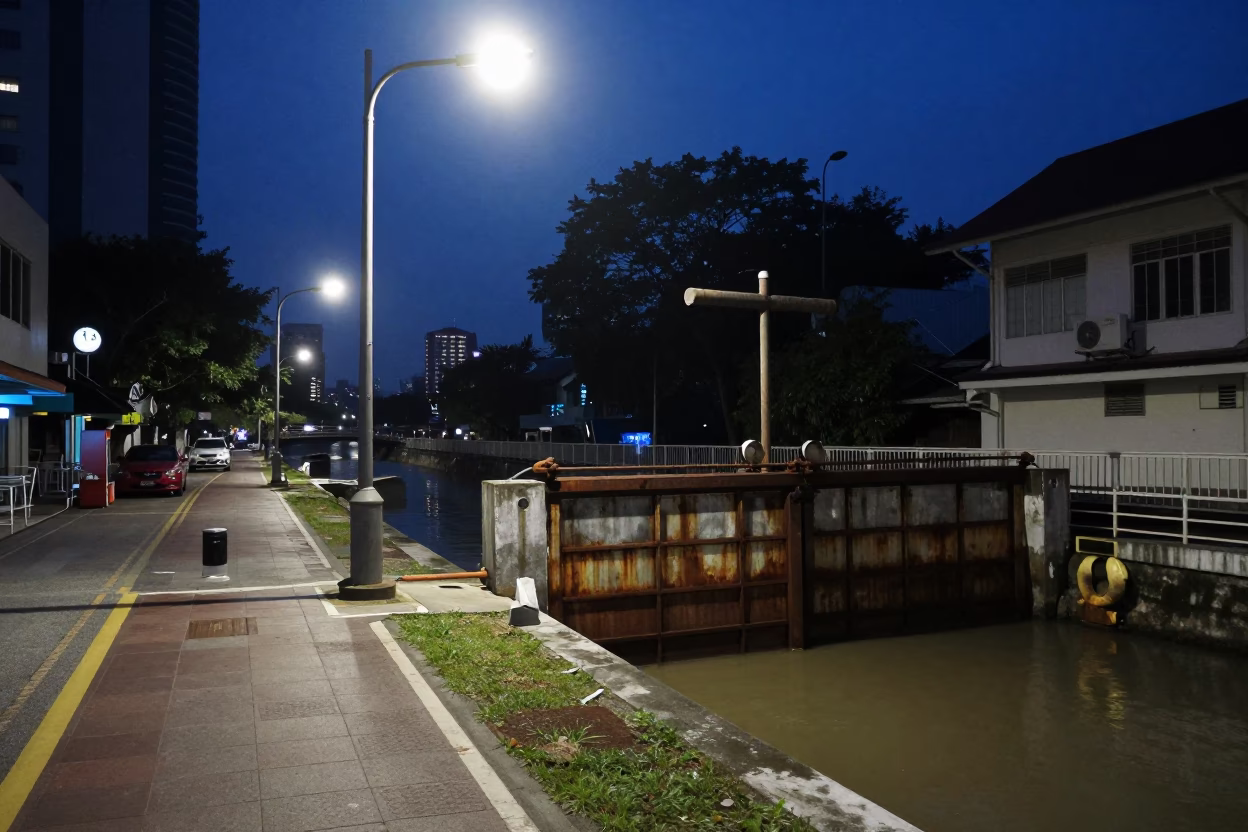 Predawn Kuala Lumpur Street Scene with Sluice Gate and Coffee Vendor in in Kuala Lumpur, Malaysia