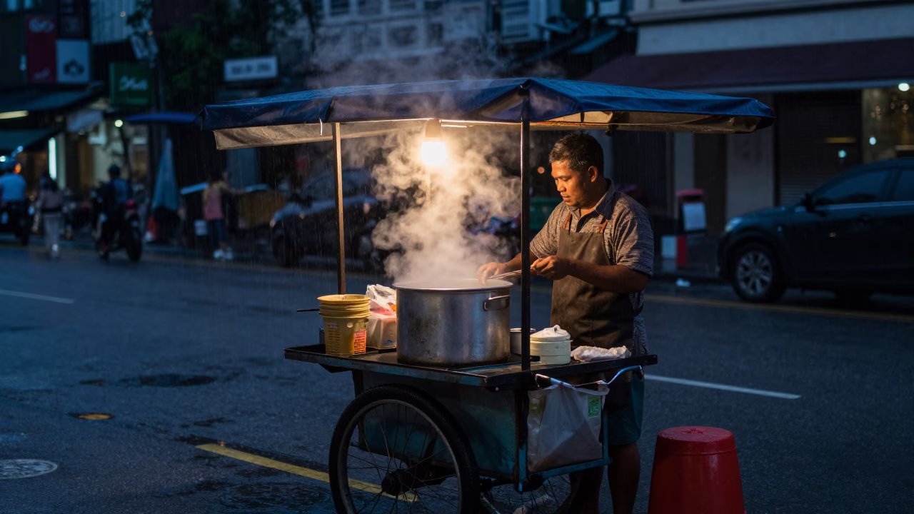 Predawn Kuala Lumpur Street Vendor with Steam and Rainy Atmosphere in in Kuala Lumpur, Malaysia