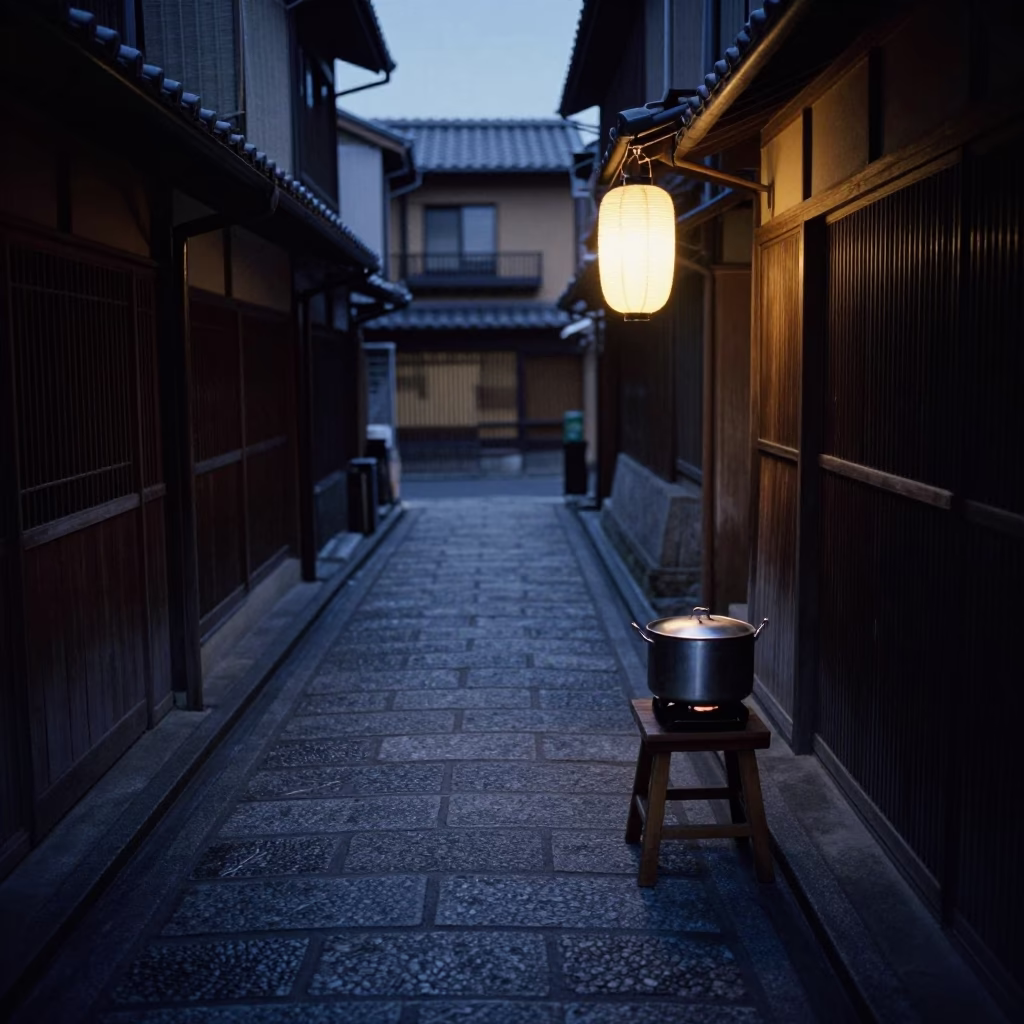 Predawn Kyoto Alleyway Scene with Wooden Stool and Cooking Pot in in Kyoto, Japan