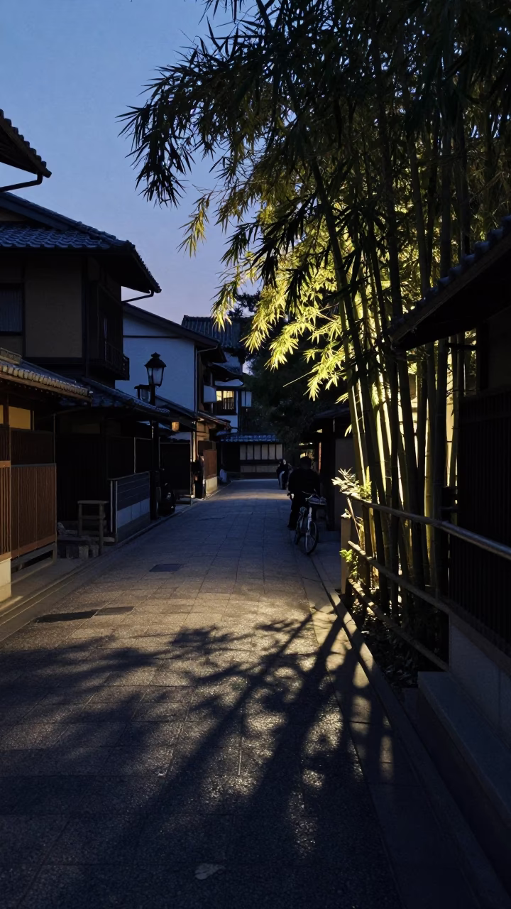 Predawn Kyoto Street Scene with Bamboo Shadows and Traditional Lanterns in in Kyoto, Japan
