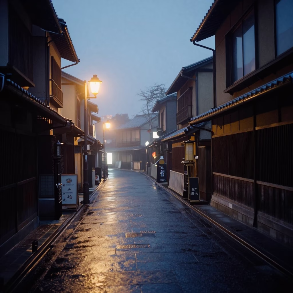 Predawn Kyoto Street Scene with Fogged Window Glass and Neon Reflections in in Kyoto, Japan