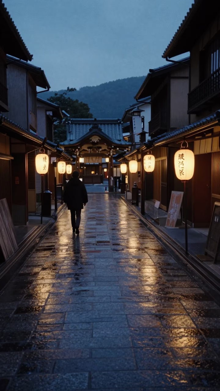Predawn Kyoto Street Scene with Lanterns and Wet Pavement Reflections in in Kyoto, Japan