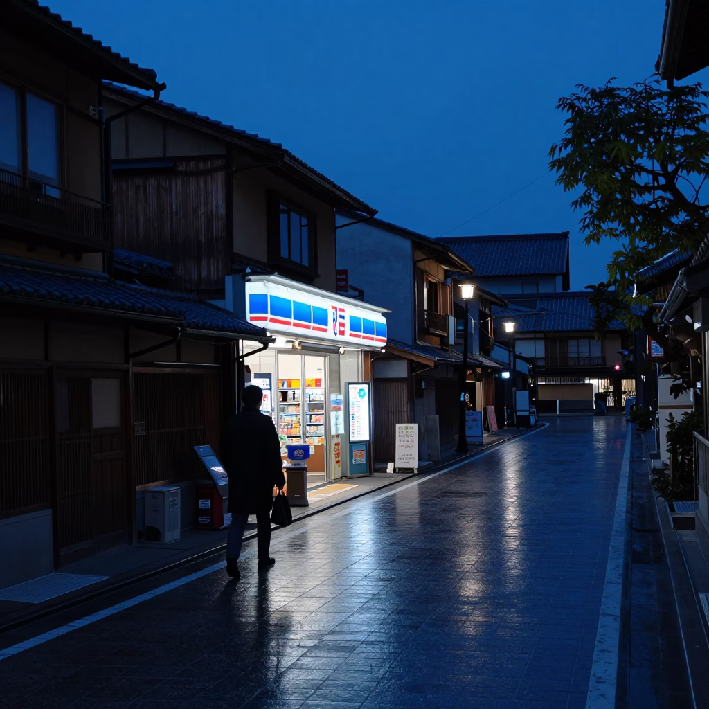 Predawn Kyoto Street Scene with Neon Reflections and Local Shopkeeper in in Kyoto, Japan