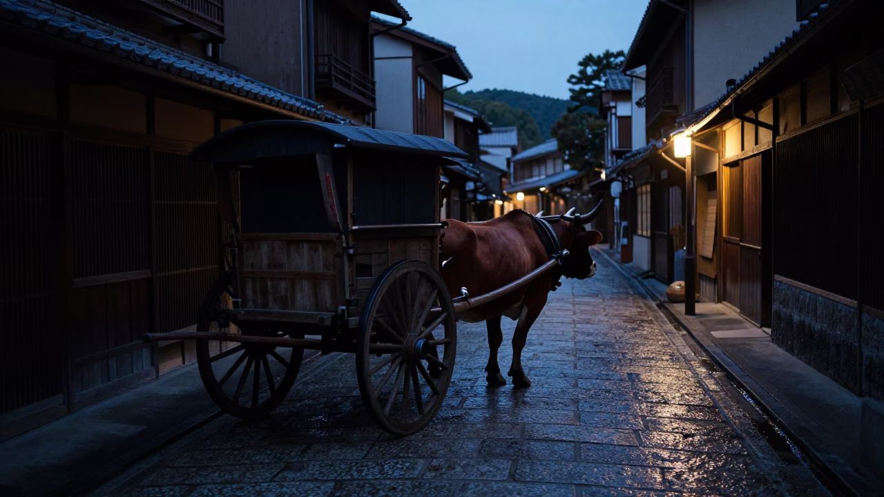 Predawn Kyoto Street Scene with Ox Cart and Traditional Architecture in in Kyoto, Japan