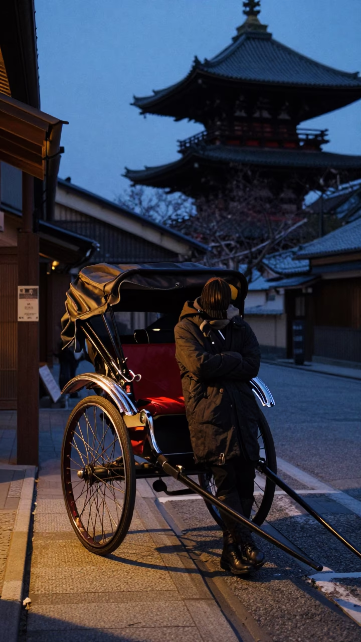 Predawn Kyoto Street Scene with Rickshaw Driver and City Lights in in Kyoto, Japan