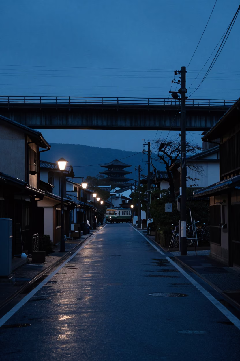 Predawn Kyoto Street Scene with Steam Train Viaduct and Urban Shadows in in Kyoto, Japan