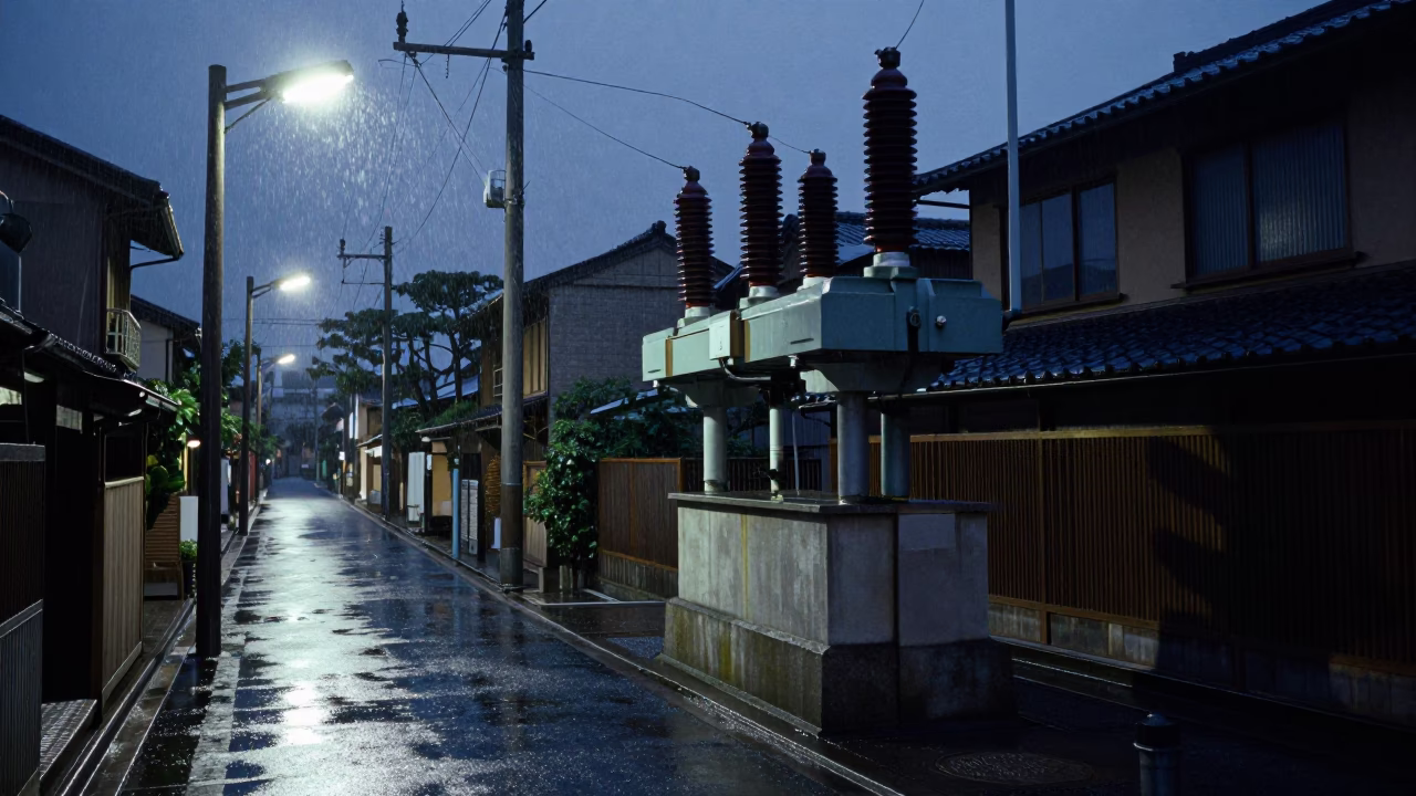 Predawn Kyoto Street Scene with Substation Insulators and Rain-Slicked Pavement in in Kyoto, Japan