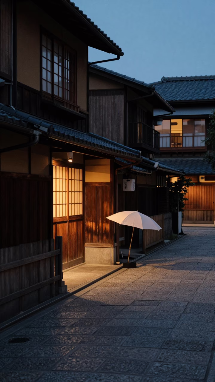 Predawn Kyoto Street Scene with Umbrella Stand and Urban Details in in Kyoto, Japan