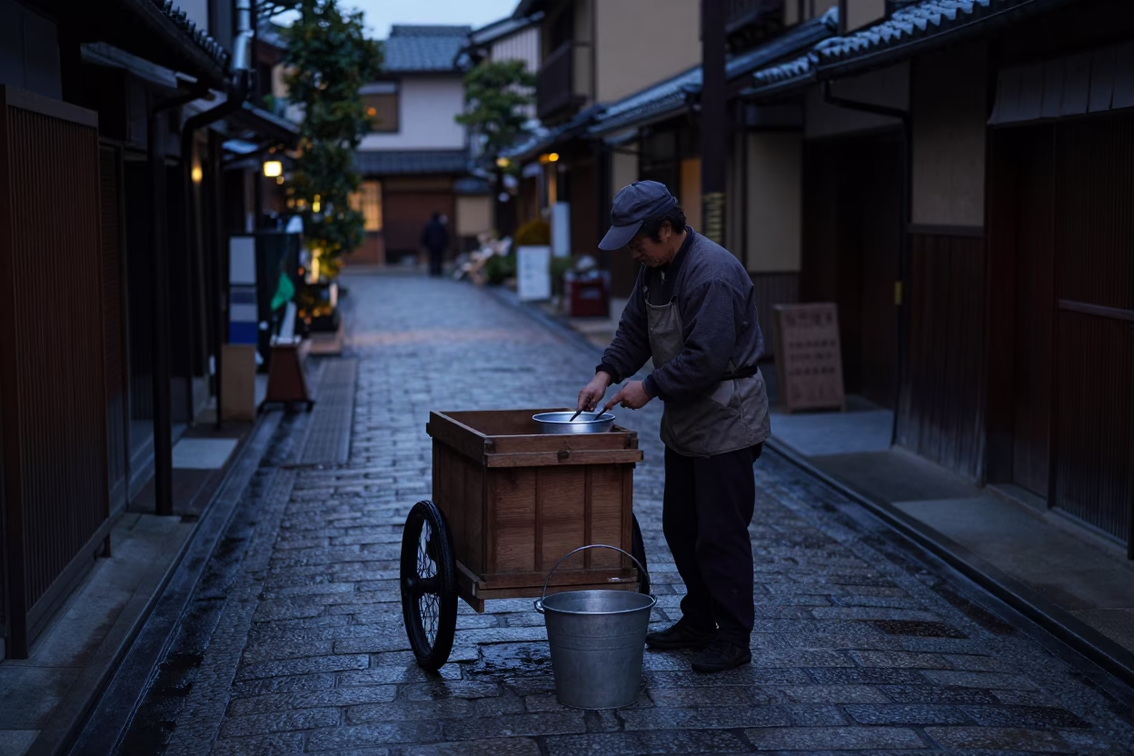 Predawn Kyoto Street Scene with Vendor and Metal Bucket in Traditional Alleyway in in Kyoto, Japan