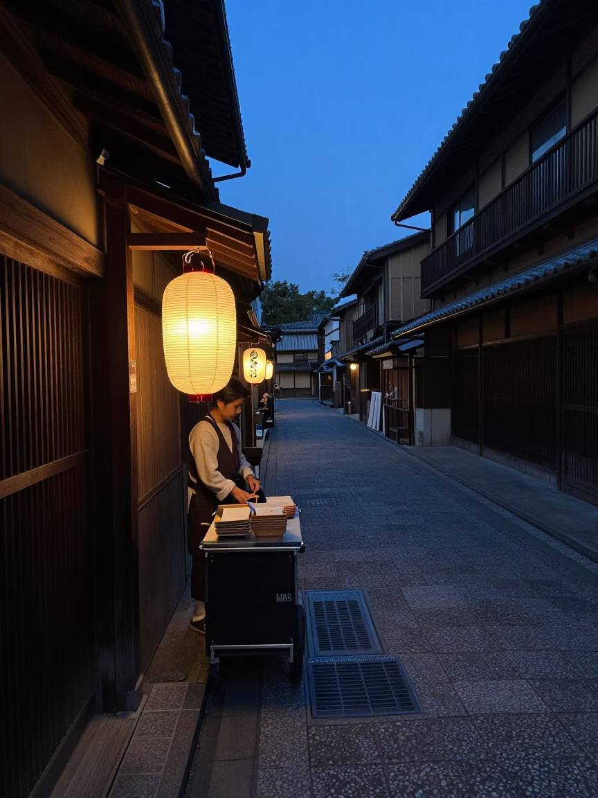 Predawn Kyoto Street Scene with Vendor and Traditional Lanterns in in Kyoto, Japan