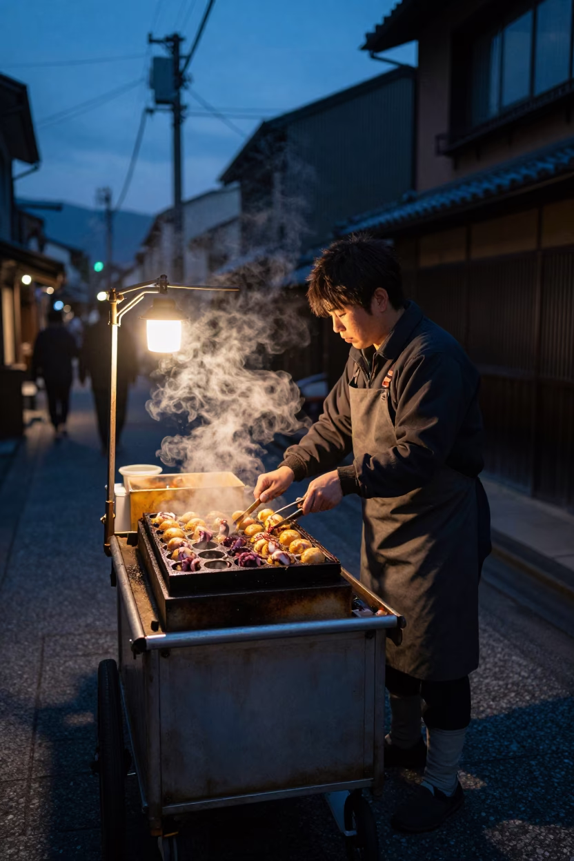 Predawn Kyoto Street Scene with Vendor Selling Takoyaki in Early Morning Darkness in in Kyoto, Japan