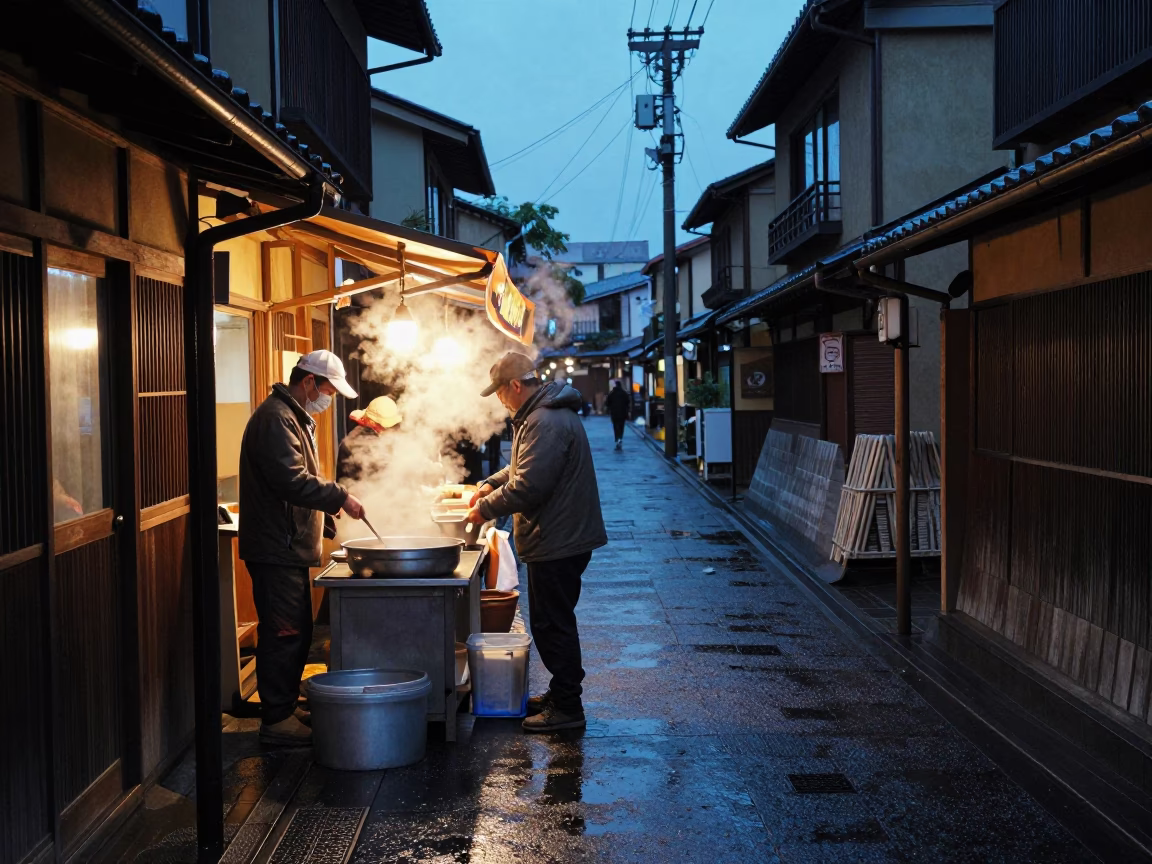 Predawn Kyoto Street Scene with Vendor Steam and Rain-Slicked Cobblestones in in Kyoto, Japan