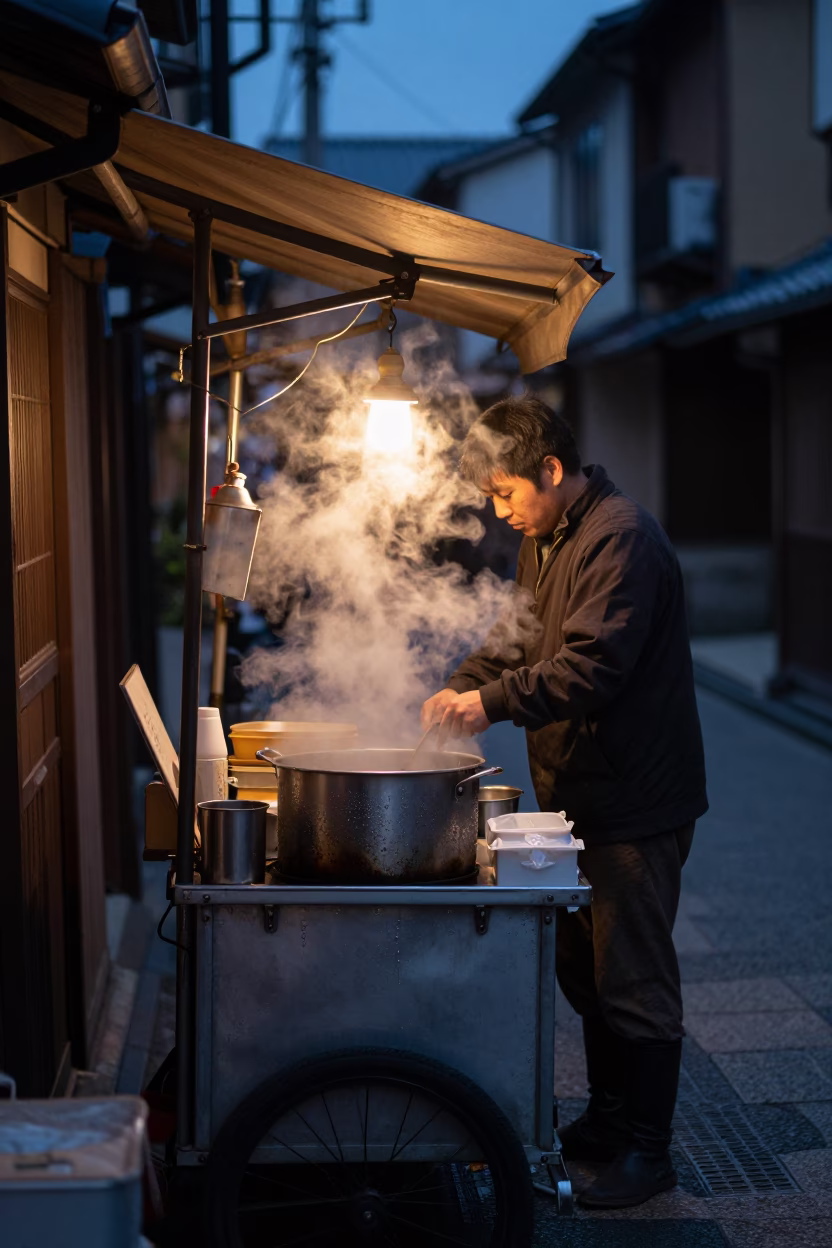 Predawn Kyoto Street Vendor Night Market Scene with Steam and Condensation in in Kyoto, Japan