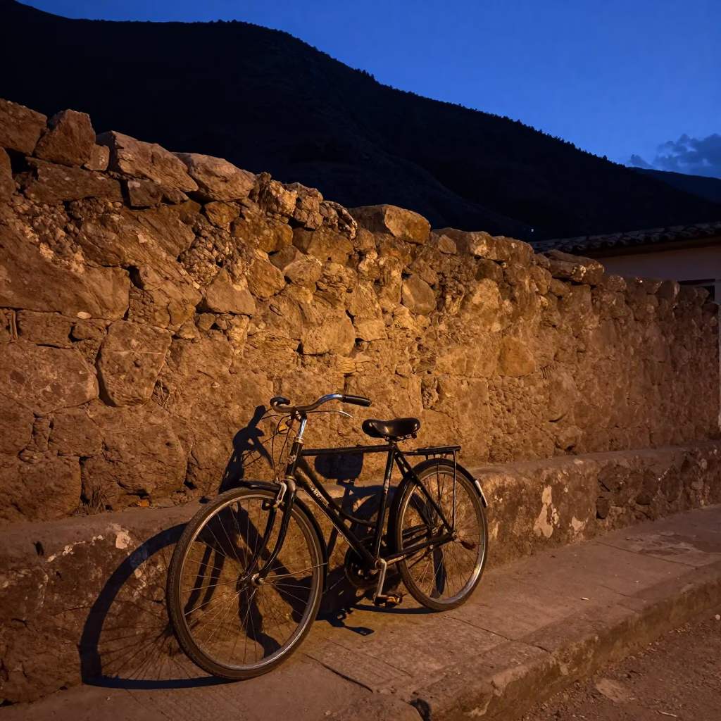Predawn La Paz Bolivia Street Scene Vintage Bicycle Against Wall in in La Paz, Bolivia