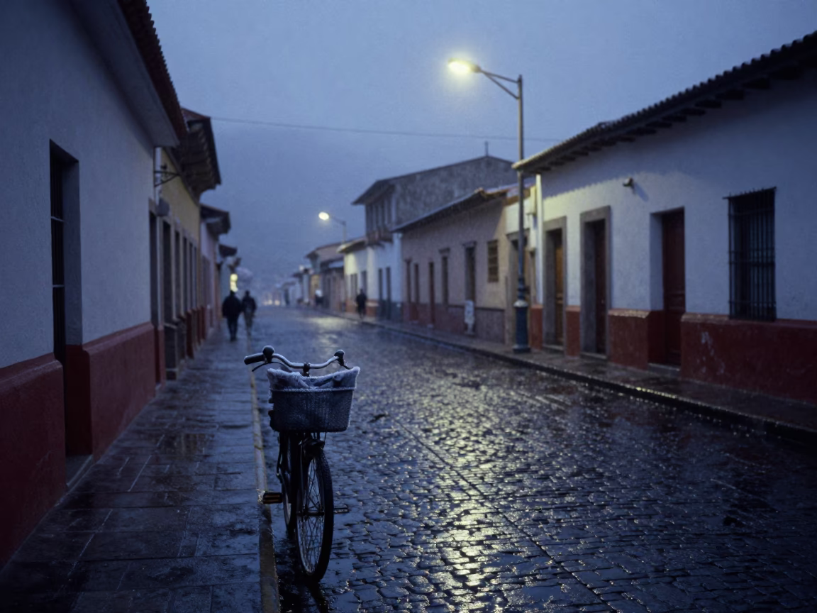 Predawn La Paz Bolivia Street Scene with Bicycle Basket and Frost in in La Paz, Bolivia