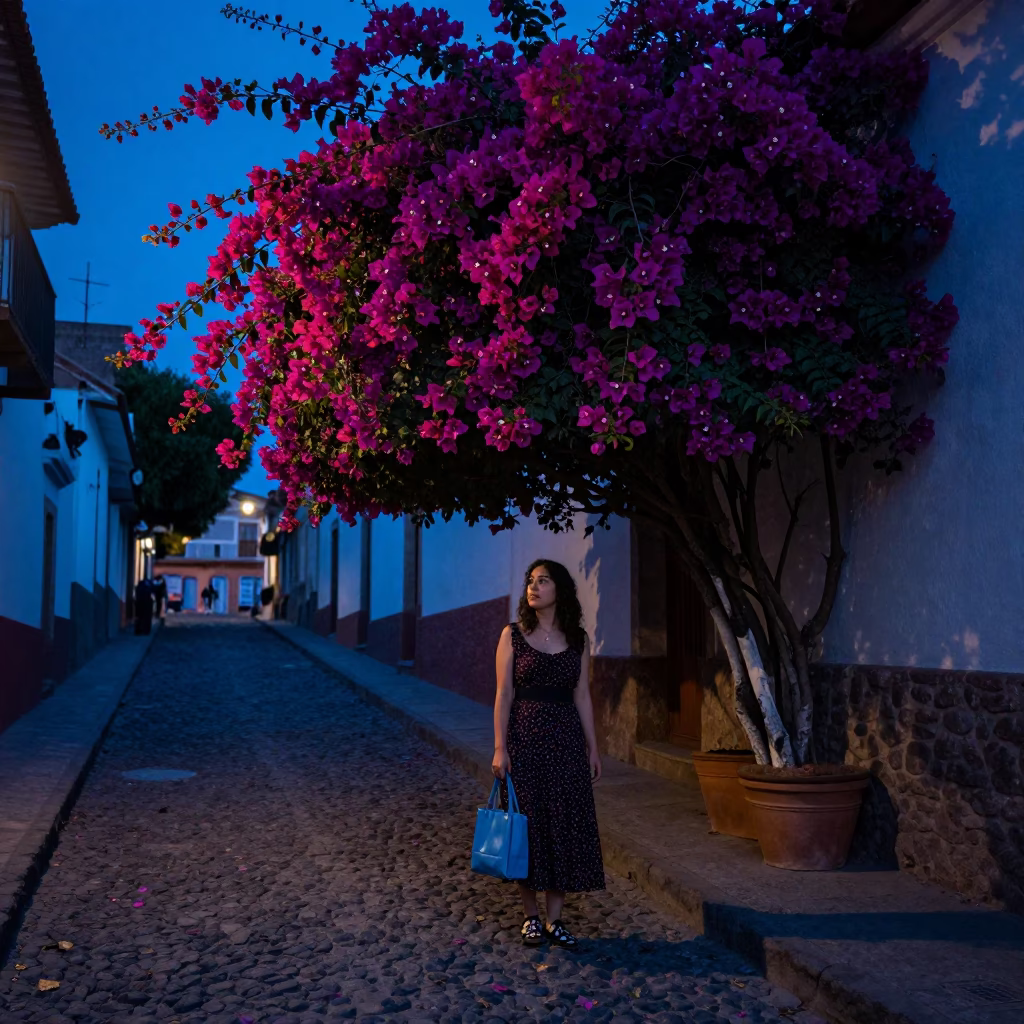Predawn La Paz Bolivia street scene with bougainvillea and vintage fashion details in in La Paz, Bolivia