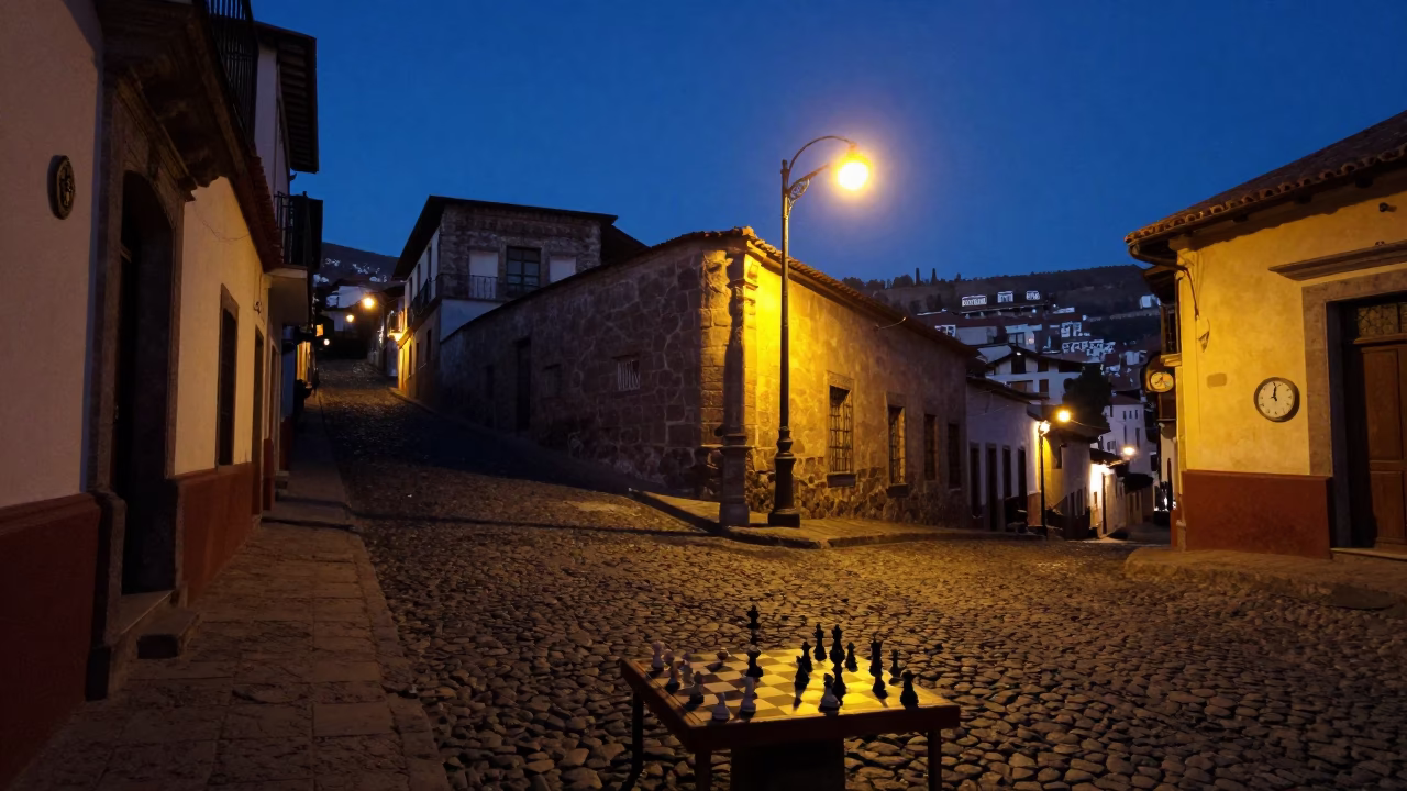 Predawn La Paz Bolivia Street Scene with Chess Clock and Urban Elements in in La Paz, Bolivia