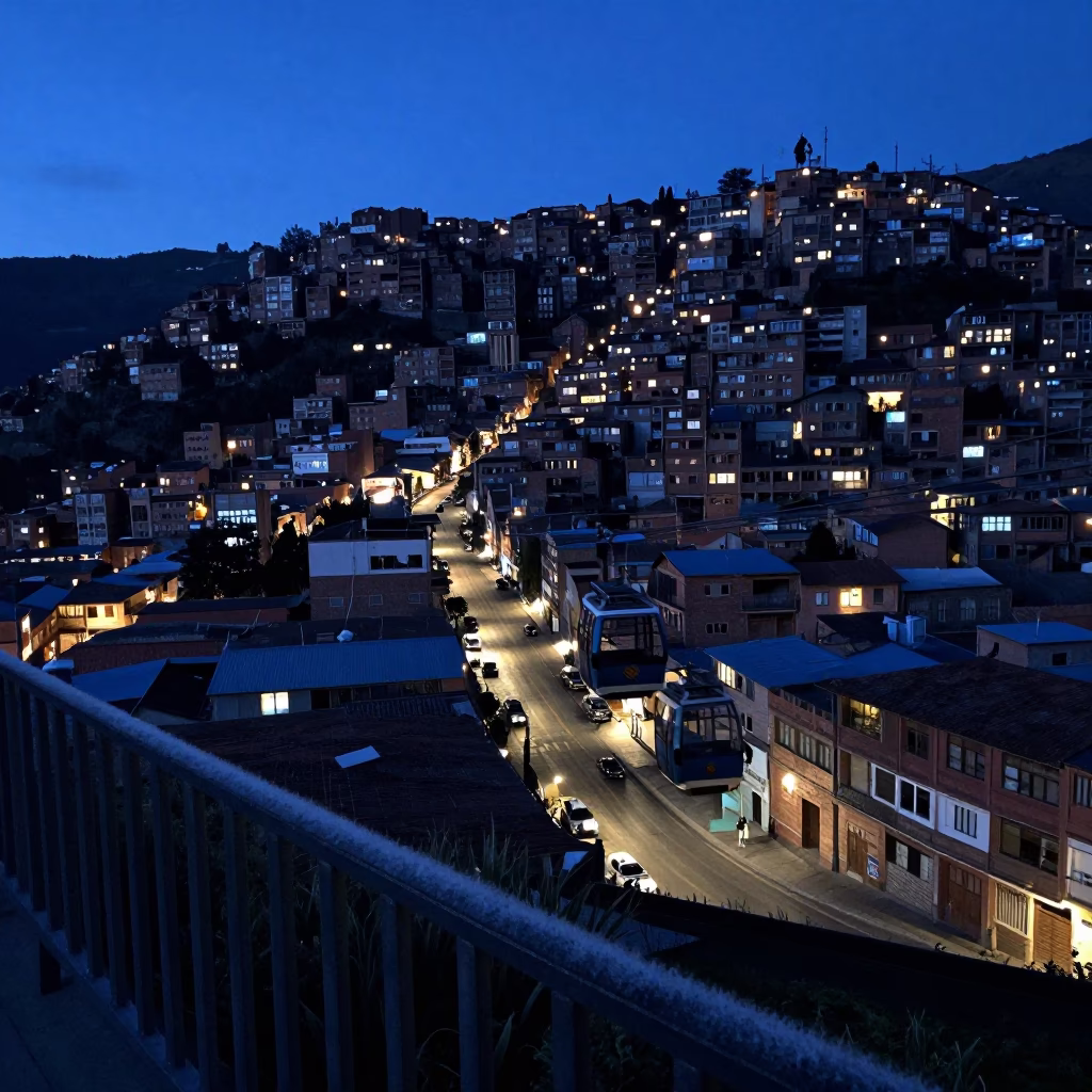 Predawn La Paz Bolivia Street Scene with Gondola Cable Cars and Frost in in La Paz, Bolivia