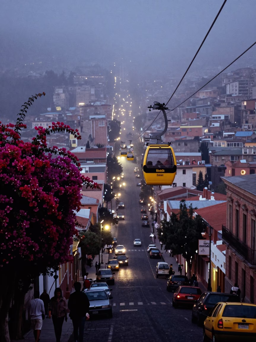 Predawn La Paz Bolivia Street Scene with Gondola Lift and Bougainvillea in in La Paz, Bolivia