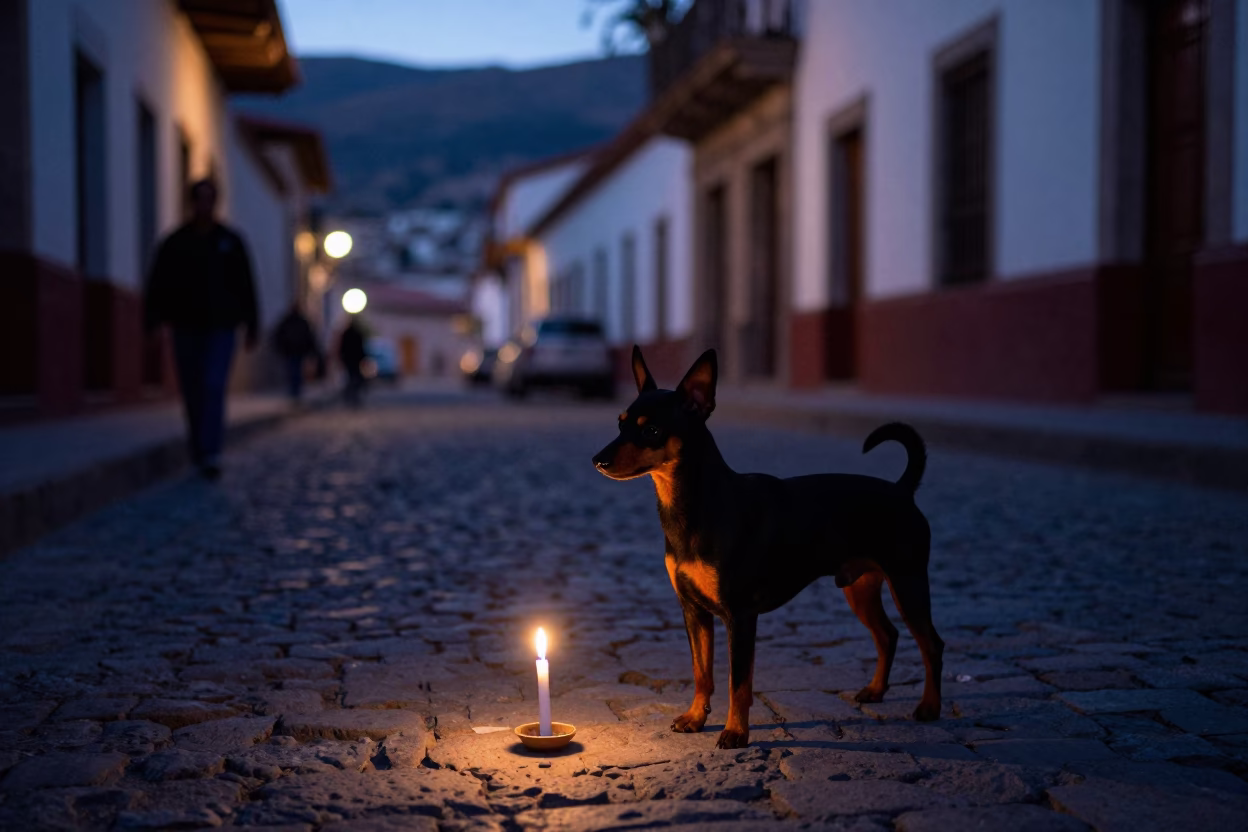 Predawn La Paz Bolivia Street Scene with Miniature Pinscher and Candle Light in in La Paz, Bolivia
