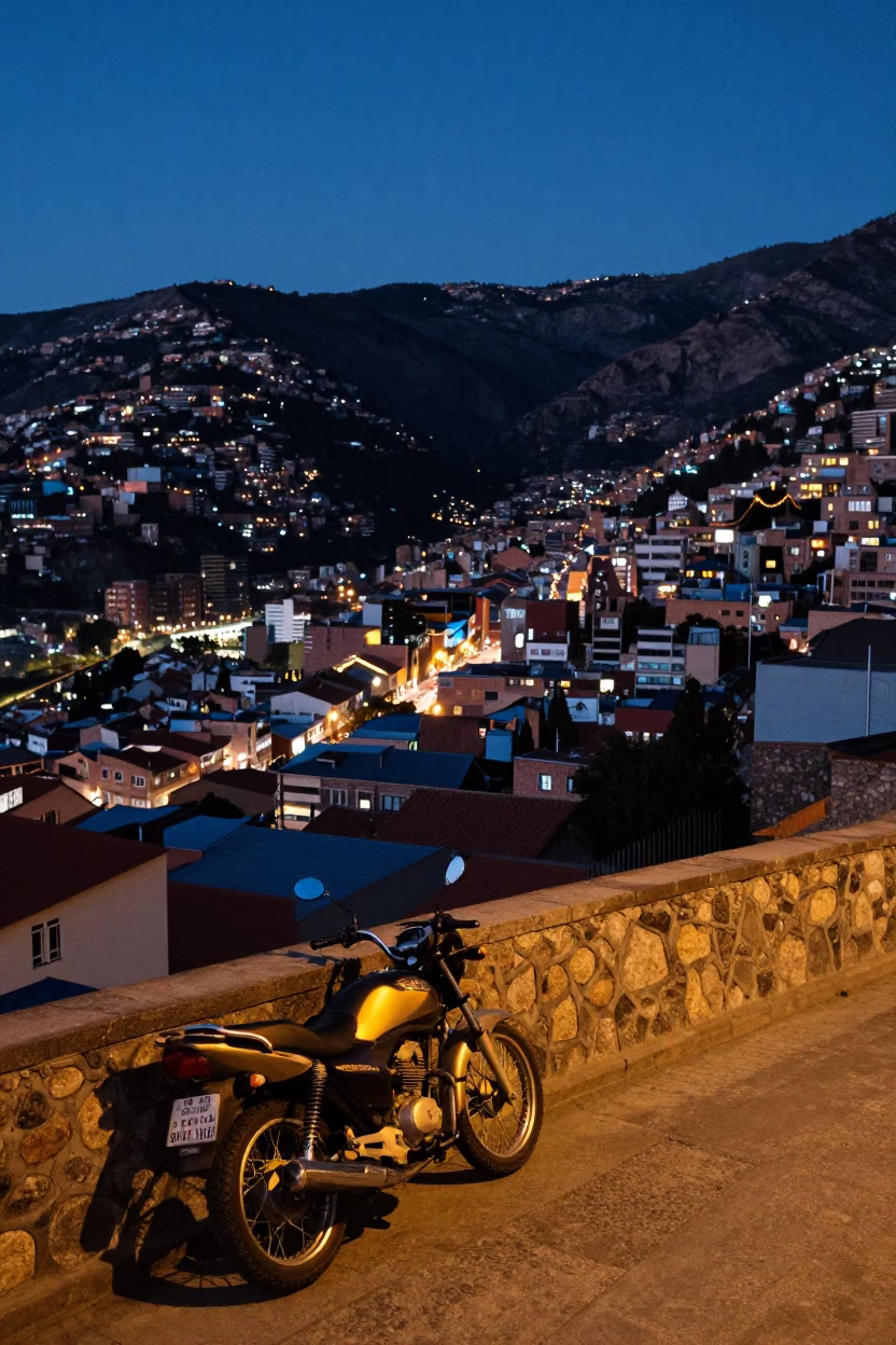 Predawn La Paz Bolivia Street Scene with Motorcycle and City Lights in in La Paz, Bolivia