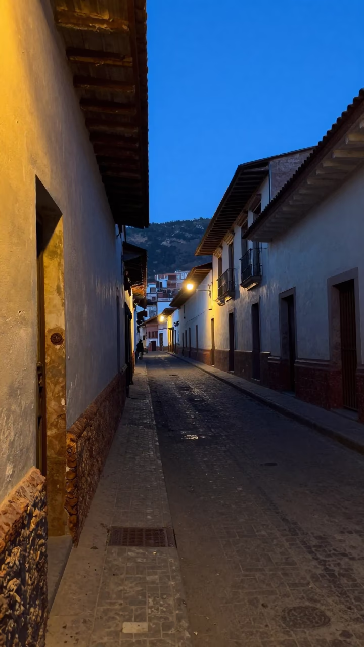 Predawn La Paz Bolivia Street Scene with Rusty Hinge and Painted Crate in Darkness in in La Paz, Bolivia