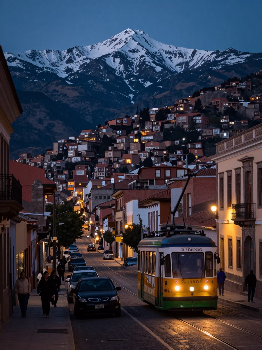 Predawn La Paz Bolivia Street Scene with Tram and Local Morning Routine in in La Paz, Bolivia
