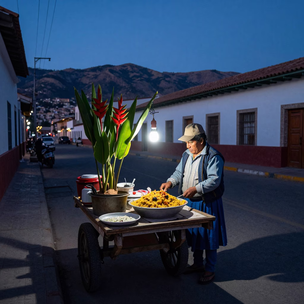 Predawn La Paz Bolivia street scene with vendor and heliconia flowers in in La Paz, Bolivia