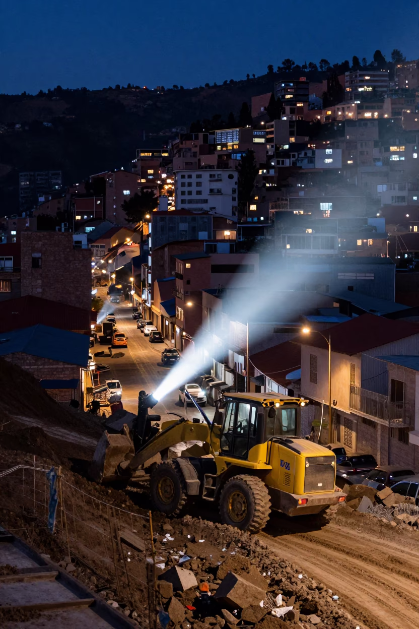 Predawn La Paz Street Scene with Construction Activity in Bolivia in in La Paz, Bolivia